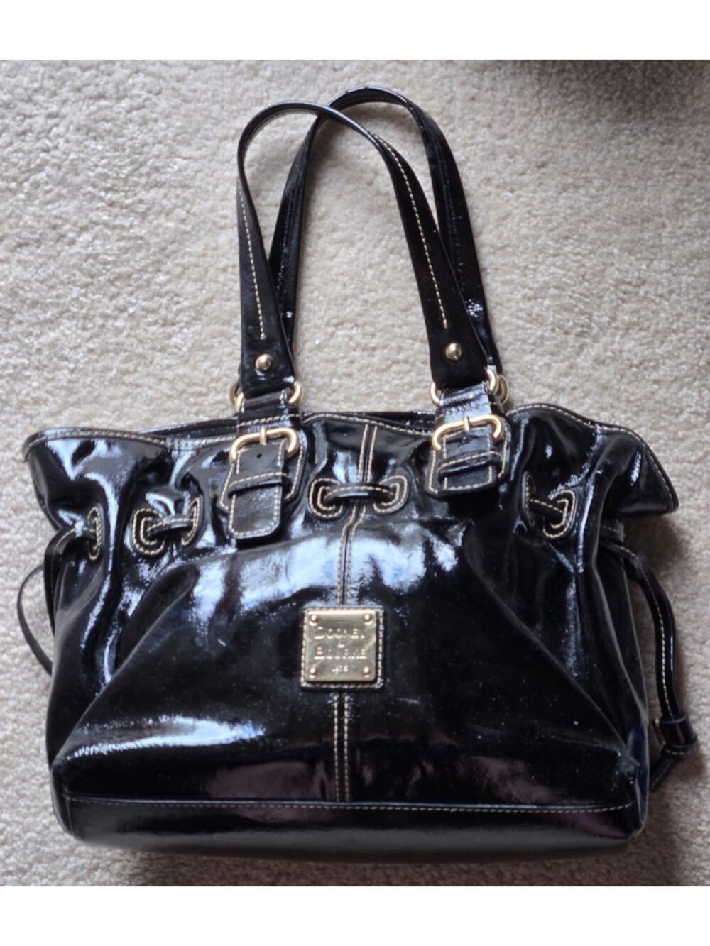 Dooney & Bourke Chiara Black Patent Leather Drawstring Tote 11’’x 9’’ x 4”